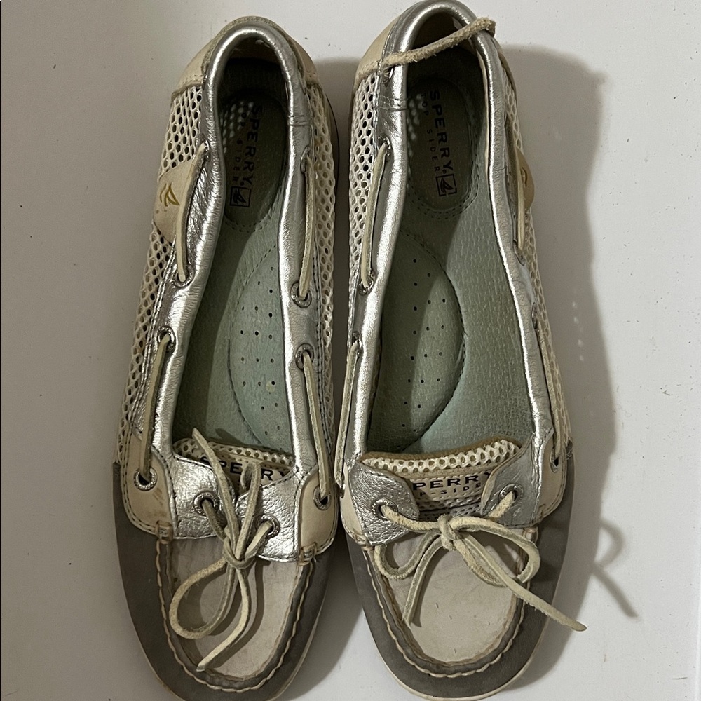 Sperry Silver and Gray Flats with Moccasin-Style Stitching